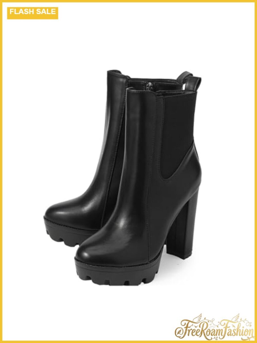 Platform Chunky High Heel Combat Ankle Booties Stretch Band Zipper Round Toe